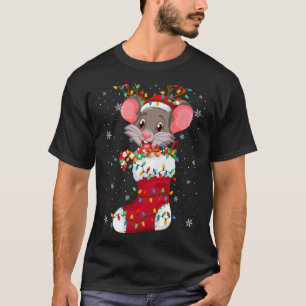 Santa Hat Rat Animal In Socks Xmas Tree Lights T-Shirt