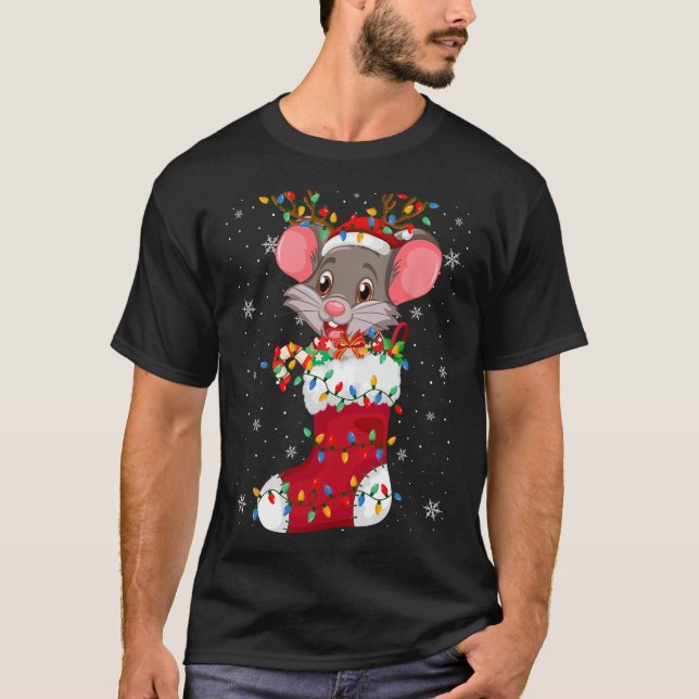 Santa Hat Rat Animal In Socks Xmas Tree Lights  T-Shirt (Front)