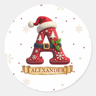 Santa Hat Red Christmas Letter A Name Classic Round Sticker