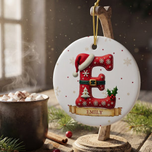 Santa Hat Red Christmas Letter E Name Ceramic Tree Decoration