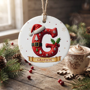 Santa Hat Red Christmas Letter G Name Ceramic Tree Decoration