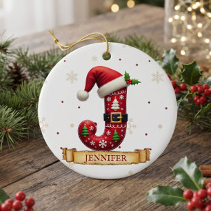 Santa Hat Red Christmas Letter J Name Ceramic Tree Decoration