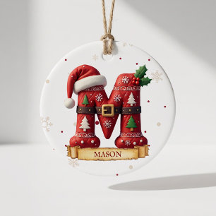 Santa Hat Red Christmas Letter M Name Ceramic Tree Decoration