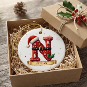 Santa Hat Red Christmas Letter N Name Ceramic Tree Decoration