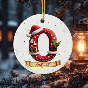 Santa Hat Red Christmas Letter O Name Ceramic Tree Decoration