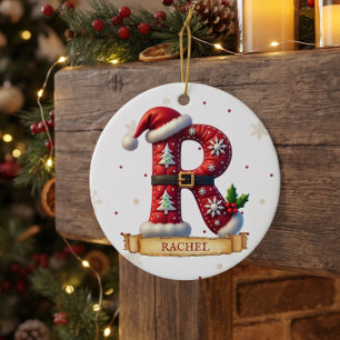 Santa Hat Red Christmas Letter R Name Ceramic Tree Decoration