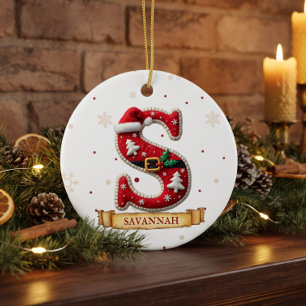 Santa Hat Red Christmas Letter S Name Ceramic Tree Decoration
