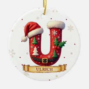 Santa Hat Red Christmas Letter U Name Ceramic Tree Decoration
