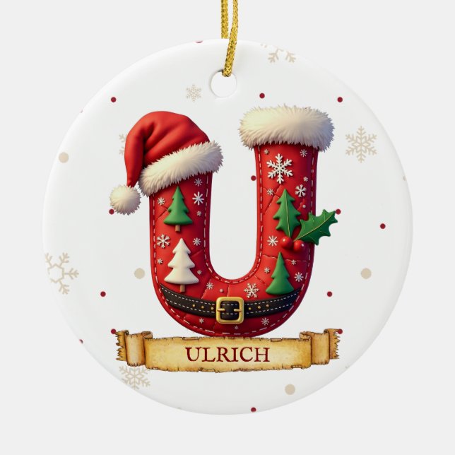 Santa Hat Red Christmas Letter U Name Ceramic Tree Decoration (Front)