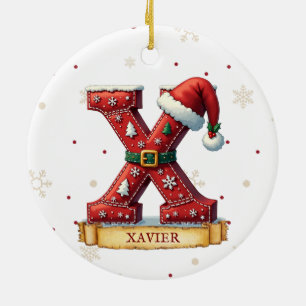 Santa Hat Red Christmas Letter X Name Ceramic Tree Decoration