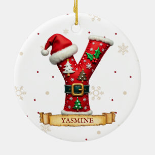 Santa Hat Red Christmas Letter Y Name Ceramic Tree Decoration
