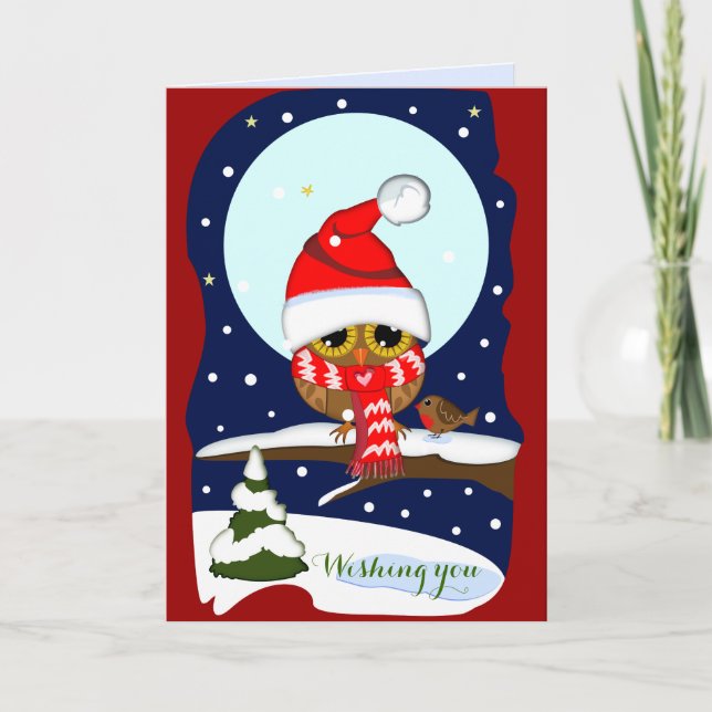 Santa hat, red scarf Owl & custom text Xmas card (Front)