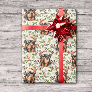 Santa Hat Rottweiler Dog Christmas Holly Wrapping Paper