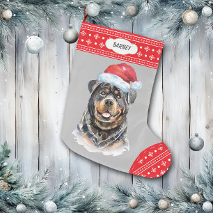 Santa Hat Rottweiler Snowflake Border Large Christmas Stocking