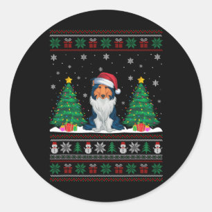 Santa Hat Rough Collie Dog Xmas Tree Lights Ugly S Classic Round Sticker