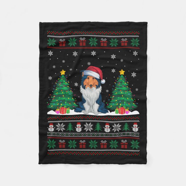 Santa Hat Rough Collie Dog Xmas Tree Lights Ugly S Fleece Blanket (Front)