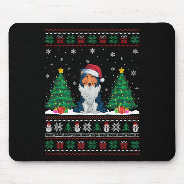 Santa Hat Rough Collie Dog Xmas Tree Lights Ugly S Mouse Mat (Front)