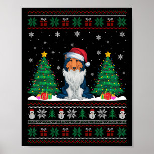 Santa Hat Rough Collie Dog Xmas Tree Lights Ugly S Poster