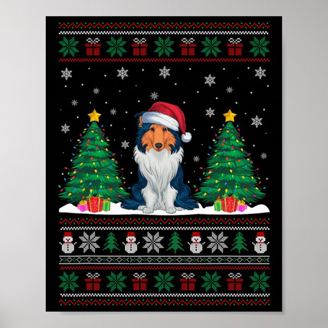 Santa Hat Rough Collie Dog Xmas Tree Lights Ugly S Poster (Front)