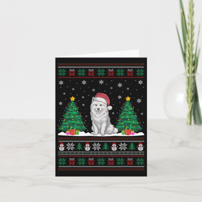 Santa Hat Samoyed Dog Christmas Tree Lights Ugly S Card (Front)