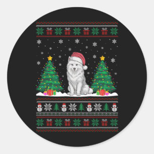 Santa Hat Samoyed Dog Christmas Tree Lights Ugly S Classic Round Sticker