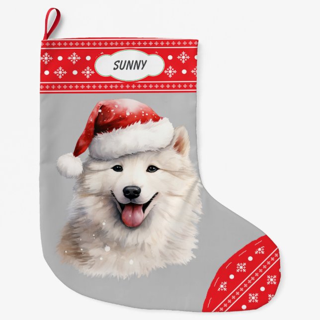 Santa Hat Samoyed Dog Snowflake Border Large Christmas Stocking (Front)