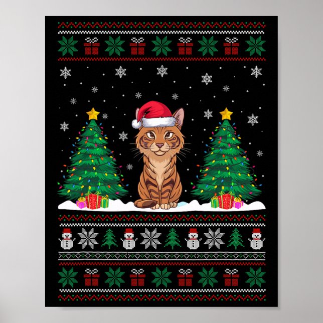 Santa Hat Savannah Cat Christmas Tree Lights Ugly  Poster (Front)