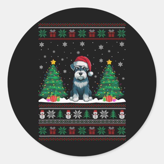 Santa Hat Schnauzer Dog Christmas Tree Lights Ugly Classic Round Sticker (Front)