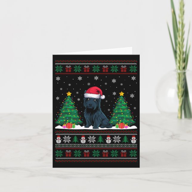 Santa Hat Scottie Dog Christmas Tree Lights Ugly S Card (Front)