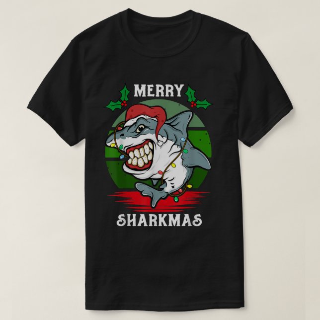 Santa Hat Shark Merry Sharkmas Christmas PJ Pajama T-Shirt (Design Front)