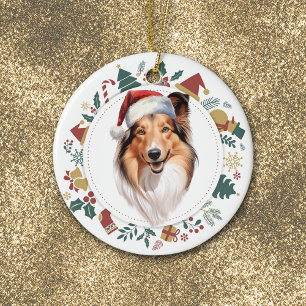 Santa Hat Shetland Sheepdog Christmas Wreath Ceramic Tree Decoration