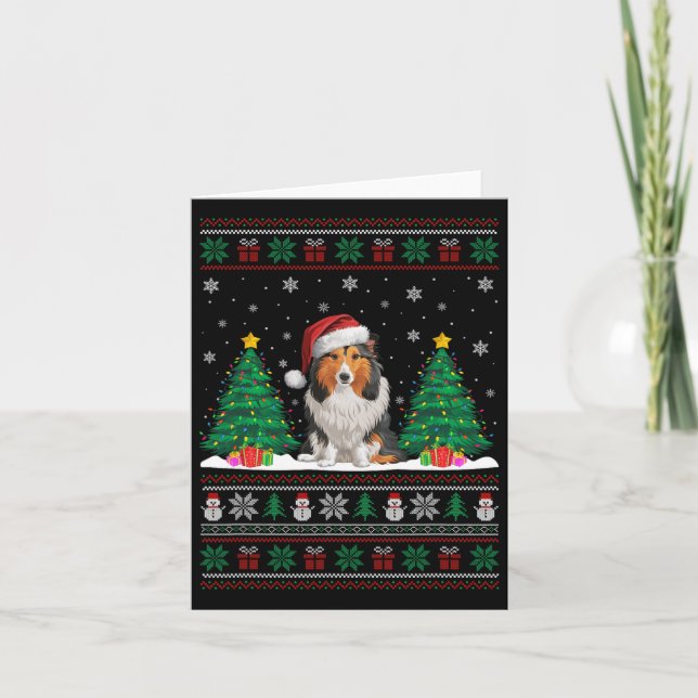 Santa Hat Shetland Sheepdog Dog Xmas Tree Light Ug Card (Front)