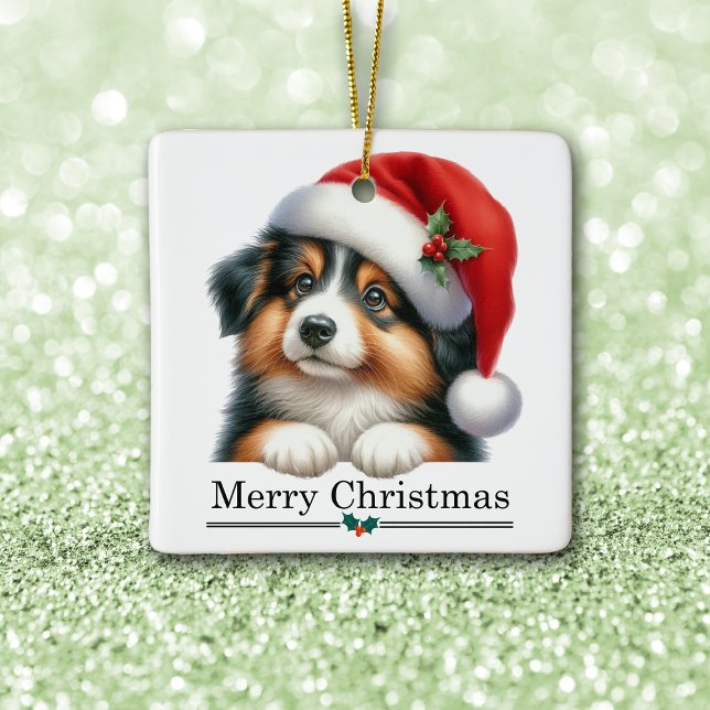 Santa Hat Shetland Sheepdog Puppy Merry Christmas Ceramic Ornament (Creator Uploaded)