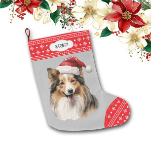 Santa Hat Shetland Sheepdog Snowflake Border Large Christmas Stocking