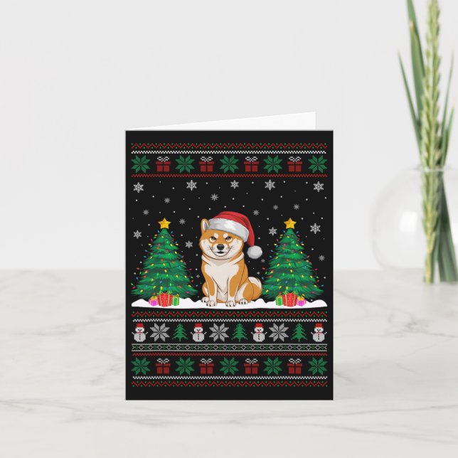 Santa Hat Shiba Inu Dog Christmas Tree Lights Ugly Card (Front)