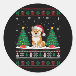 Santa Hat Shiba Inu Dog Christmas Tree Lights Ugly Classic Round Sticker