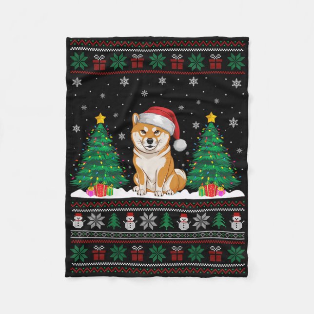 Santa Hat Shiba Inu Dog Christmas Tree Lights Ugly Fleece Blanket (Front)