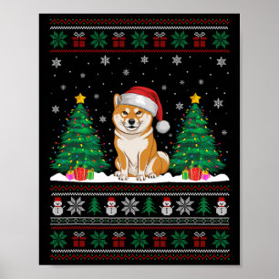 Santa Hat Shiba Inu Dog Christmas Tree Lights Ugly Poster