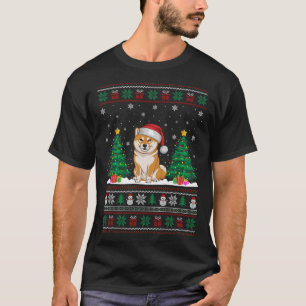Santa Hat Shiba Inu Dog Christmas Tree Lights Ugly T-Shirt