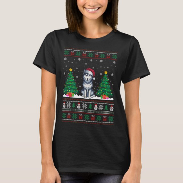 Santa Hat Siberian Husky Dog Xmas Tree Lights Ugly T-Shirt (Front)