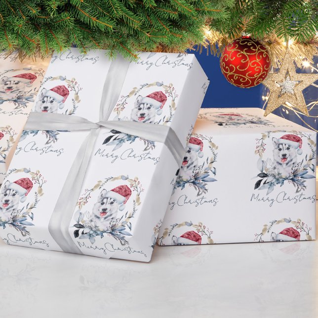 Santa Hat Siberian Husky Pup Wreath Holiday Wrapping Paper (Creator Uploaded)