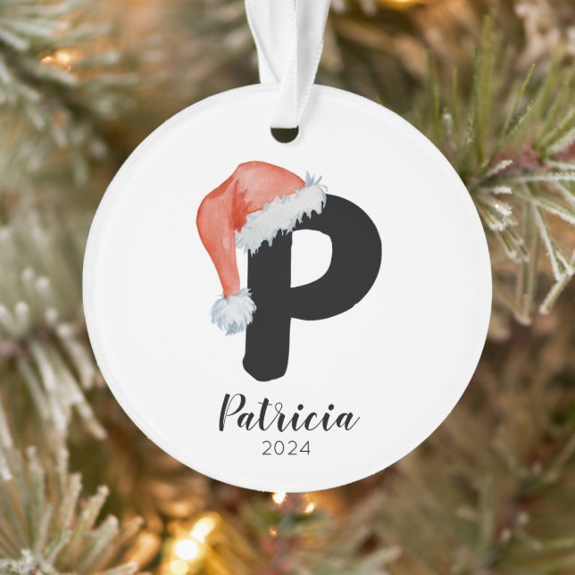 Santa Hat Simple Customisable Letter P Christmas Ornament (Tree)