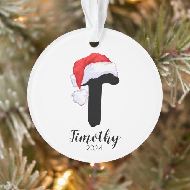 Santa Hat Simple Customisable Letter T Christmas Ornament (Tree)