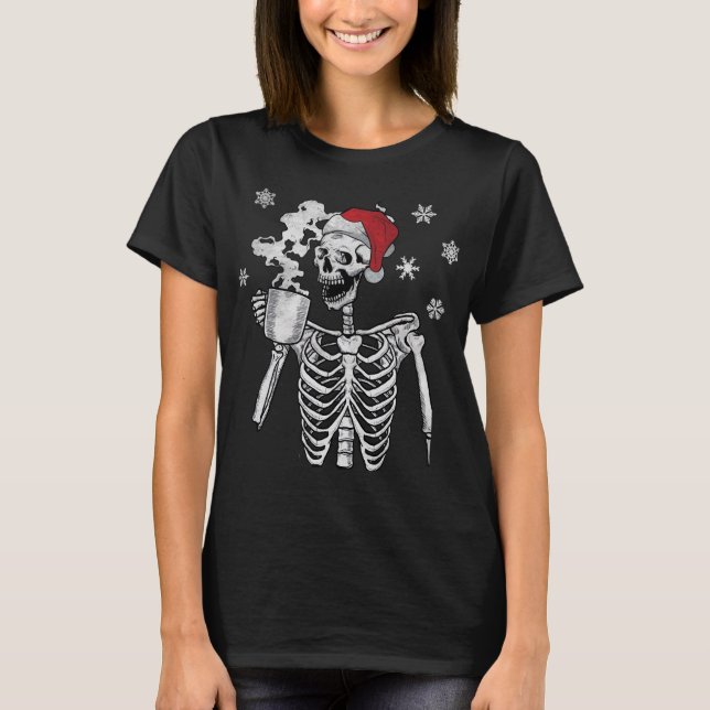 Santa Hat Skeleton Smiling Skull Drinking Coffee C T-Shirt (Front)
