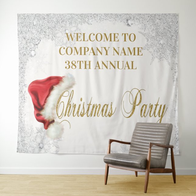 Santa Hat Snowflake Christmas Party Backdrop Tapestry (In Situ (Horizontal))