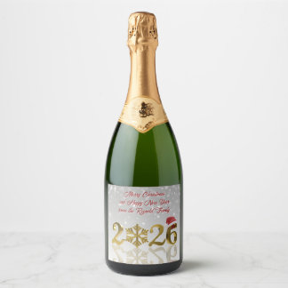 Santa Hat & Snowflake | Happy New Year Golden 2026 Sparkling Wine Label