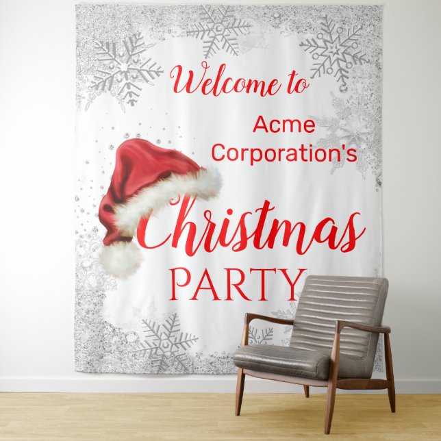 Santa Hat Snowflake Red Christmas Party Backdrop Tapestry (In Situ)