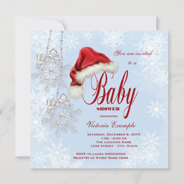 Santa Hat Snowflakes Christmas Baby Shower Invitation (Front)