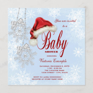Santa Hat Snowflakes Christmas Baby Shower Invitation