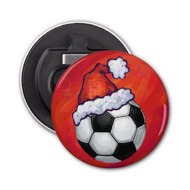 Santa Hat Soccer Ball on Red Bottle Opener (Front)